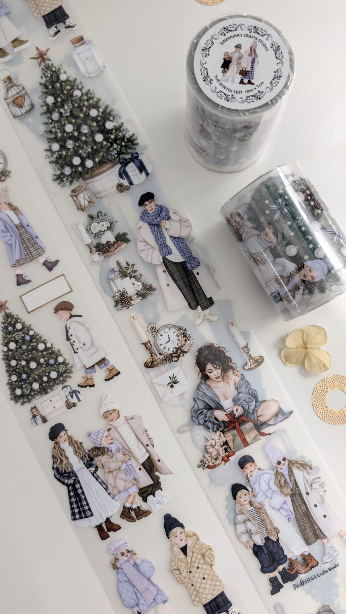 The Winter Edit | Winter Fashion Matte PET Tape | Stylish Illustrated Figures & Christmas Botanicals for Journaling – 10m