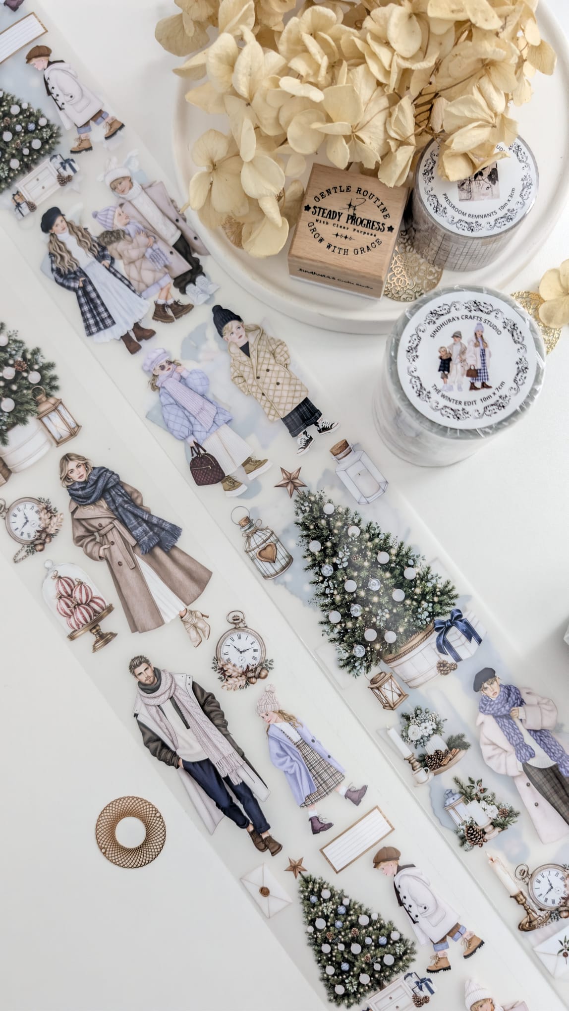 The Winter Edit | Winter Fashion Matte PET Tape | Stylish Illustrated Figures & Christmas Botanicals for Journaling – 10m