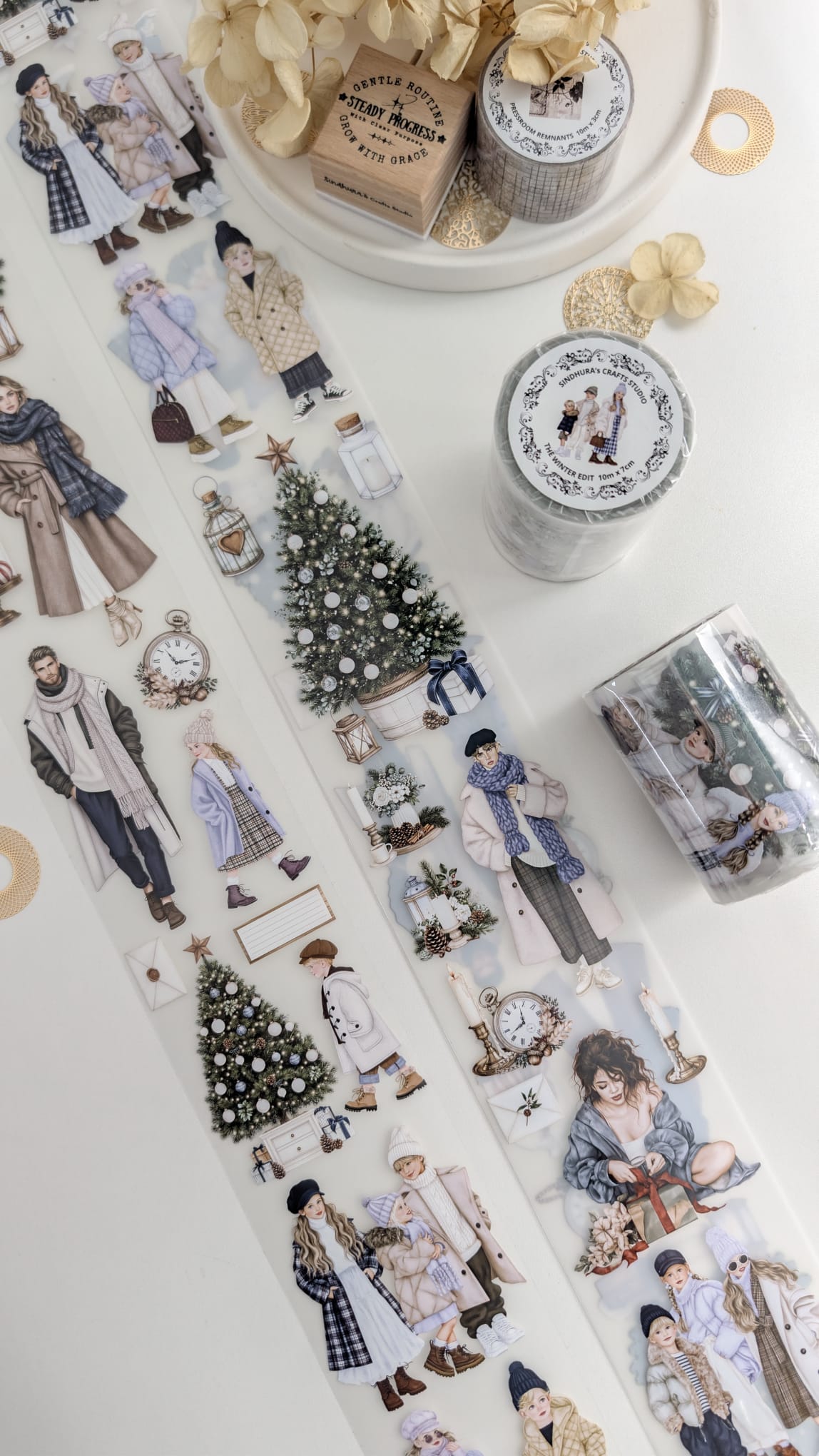 The Winter Edit | Winter Fashion Matte PET Tape | Stylish Illustrated Figures & Christmas Botanicals for Journaling – 10m