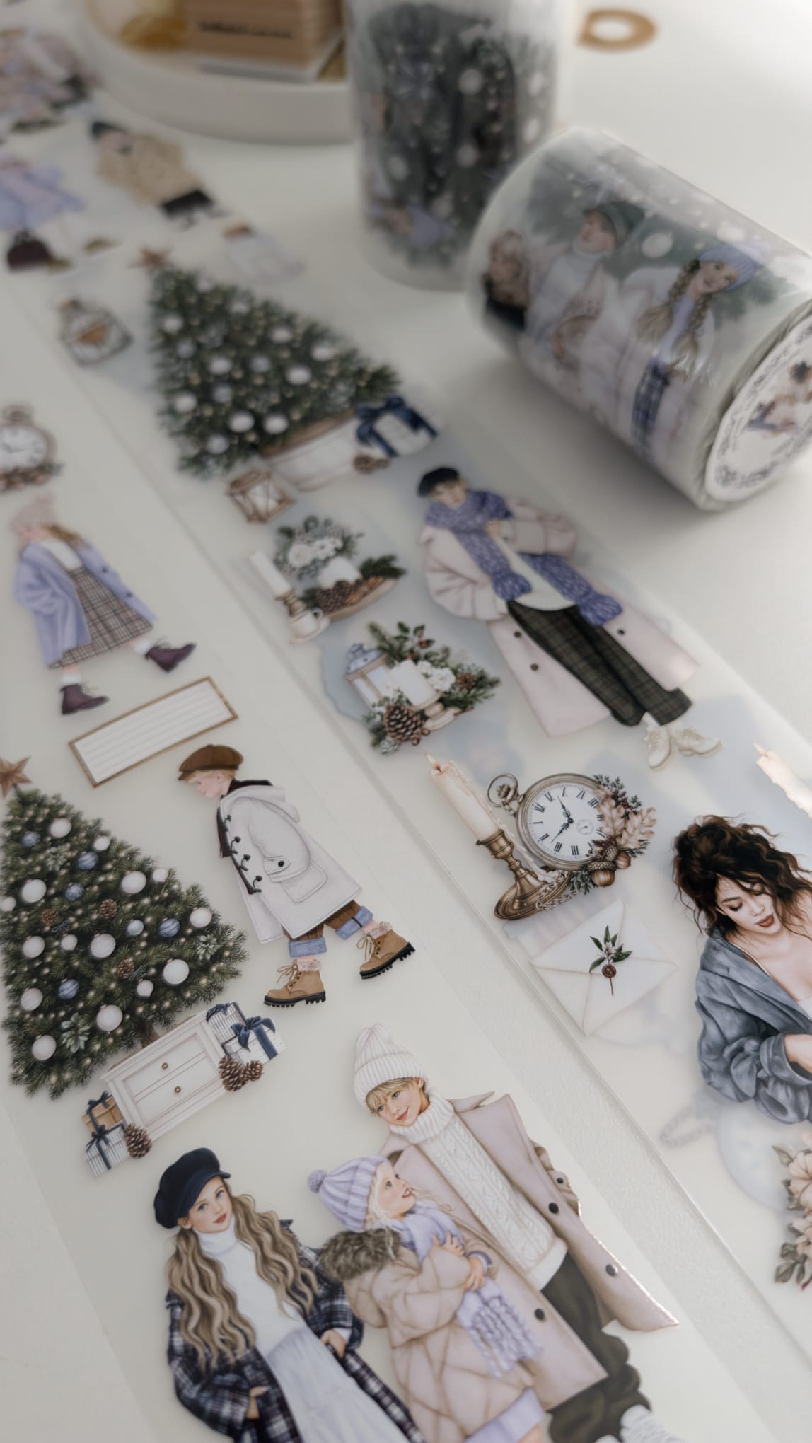 The Winter Edit | Winter Fashion Matte PET Tape | Stylish Illustrated Figures & Christmas Botanicals for Journaling – 10m