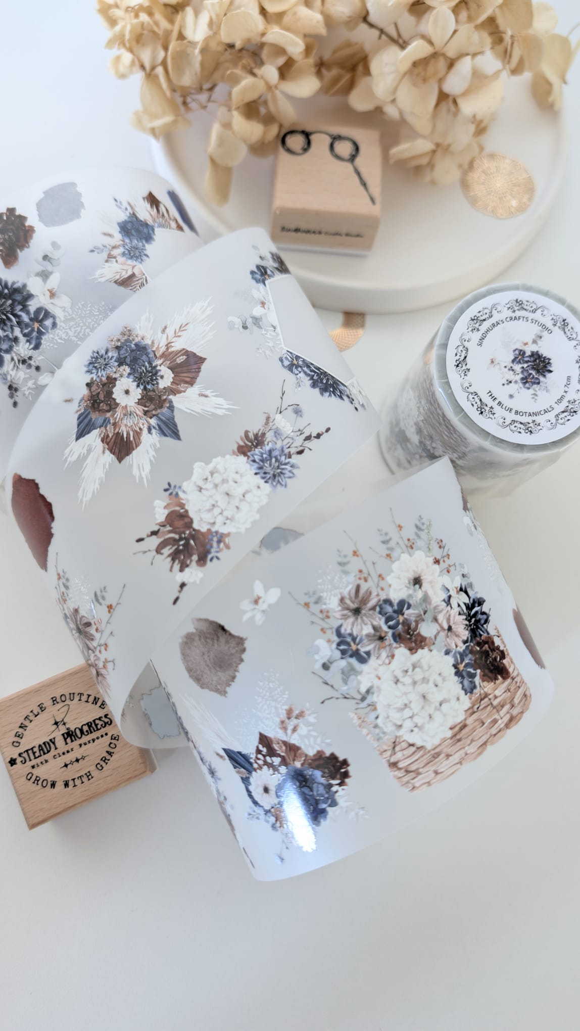 The Blue Botanicals Matte PET Tape – Navy Floral Botanical Journaling Tape