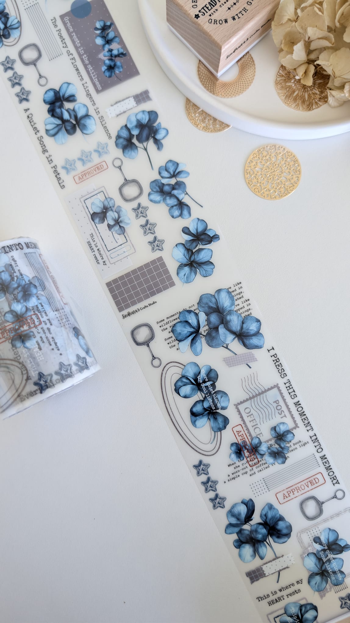 The Colour of Quiet PET Tape | Blue Floral Ephemera | Matte PET | 100cm Loop