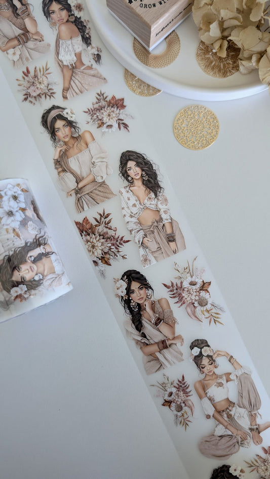 Matte PET Tape | Desi Girl Aesthetic | Warm Neutrals + Floral Clusters | 10m