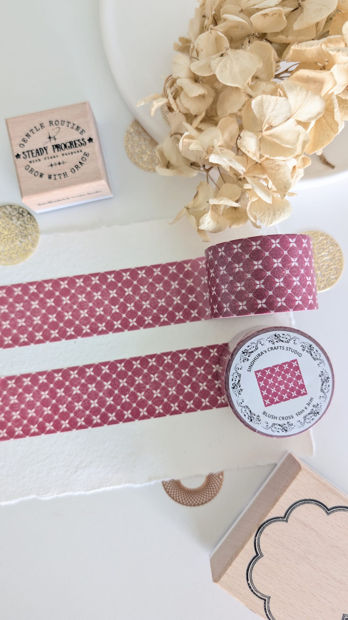 Blush Cross | Soft Pink Grid Washi | Minimal Background Tape | 10m Roll