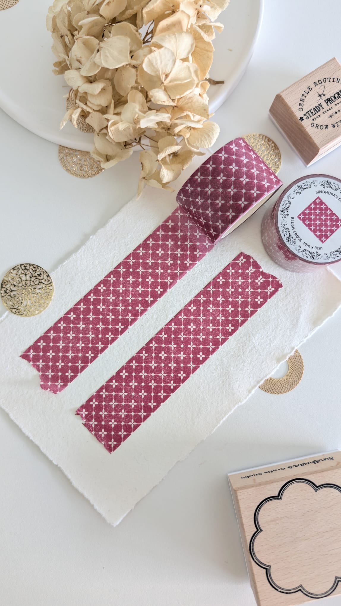 Blush Cross | Soft Pink Grid Washi | Minimal Background Tape | 10m Roll