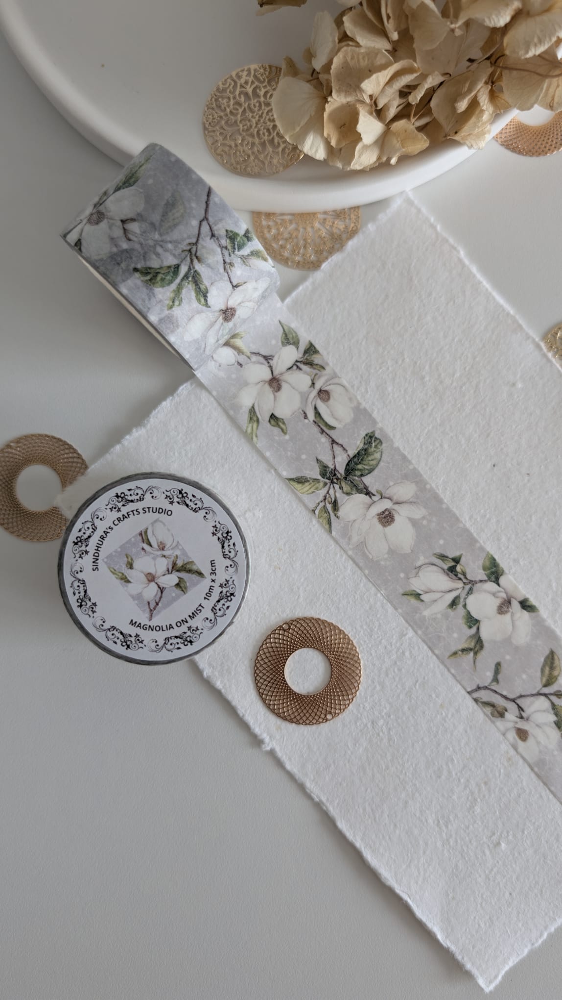 Magnolia on Mist Washi Tape | Soft Grey Floral Washi Tape | 10m Roll