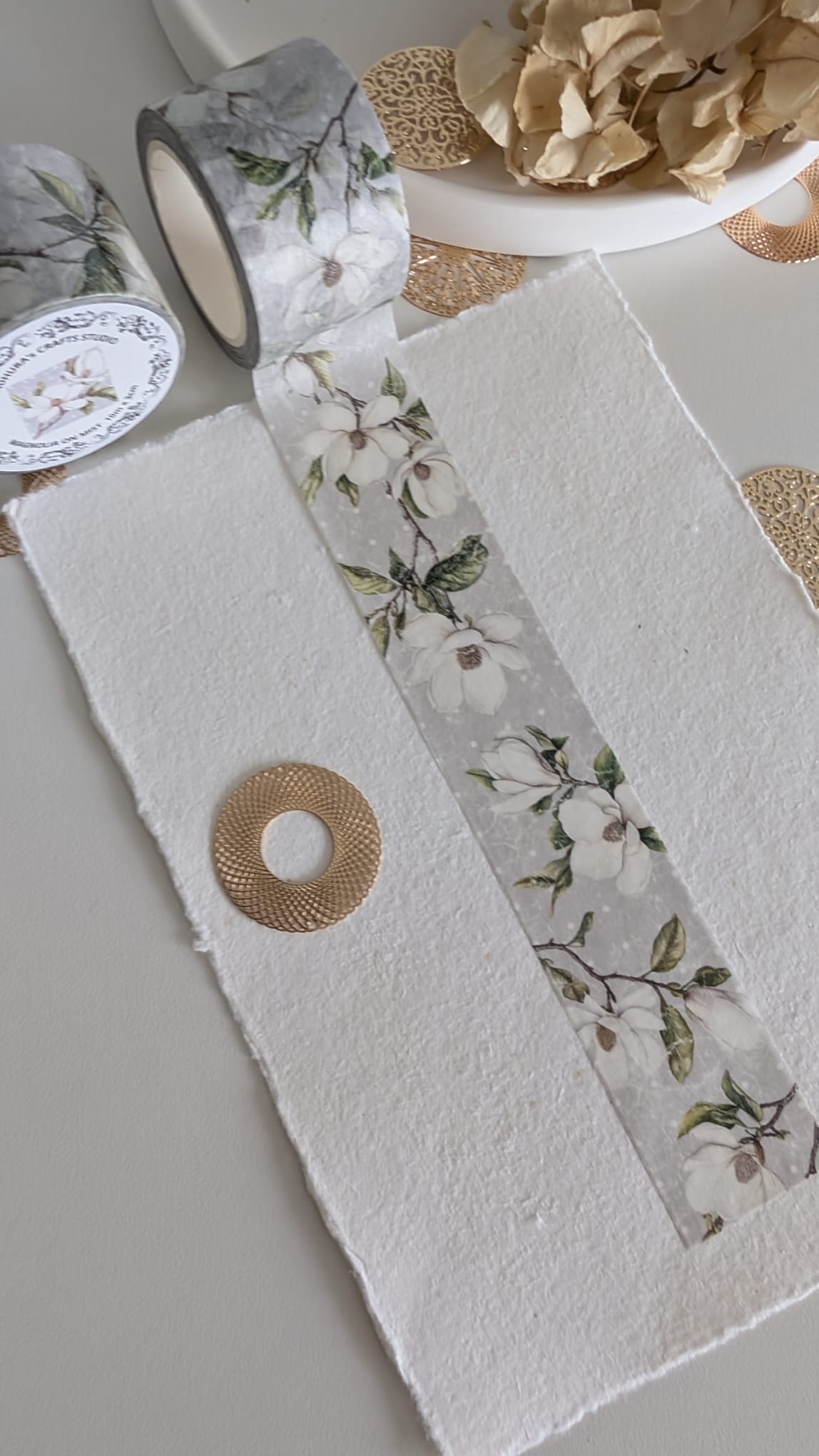 Magnolia on Mist Washi Tape | Soft Grey Floral Washi Tape | 10m Roll