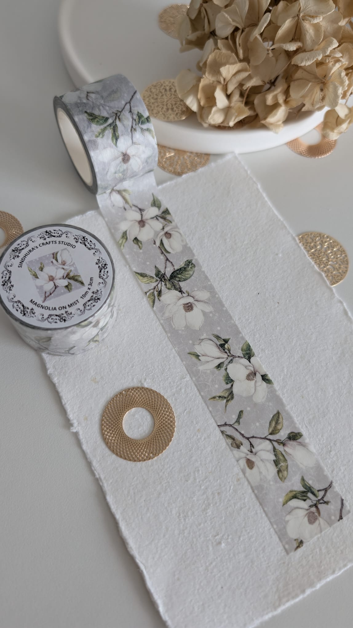 Magnolia on Mist Washi Tape | Soft Grey Floral Washi Tape | 10m Roll