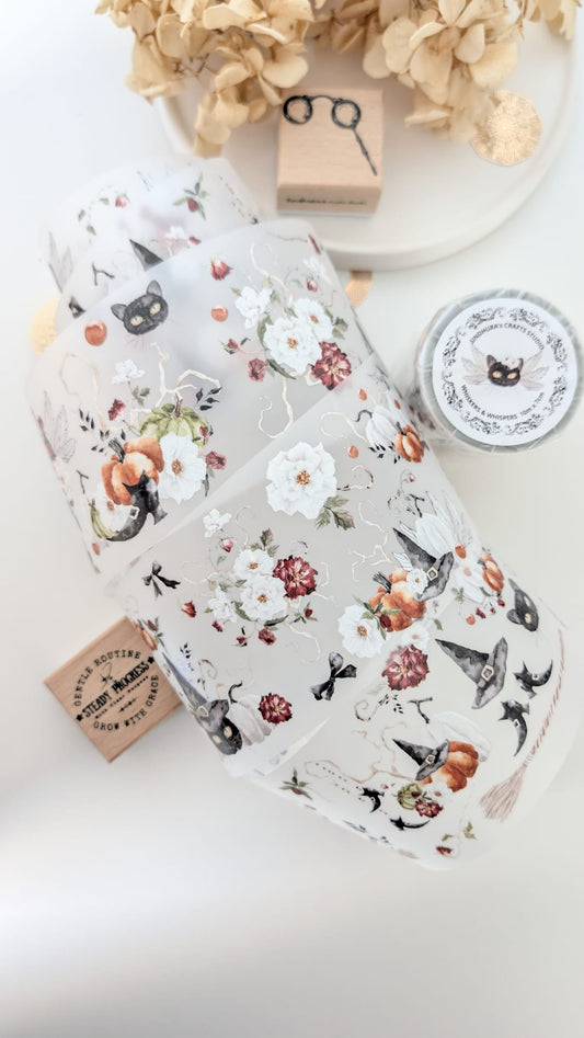 Whiskers & Whispers Matte PET Tape – Black Cat Floral Halloween Journaling Tape