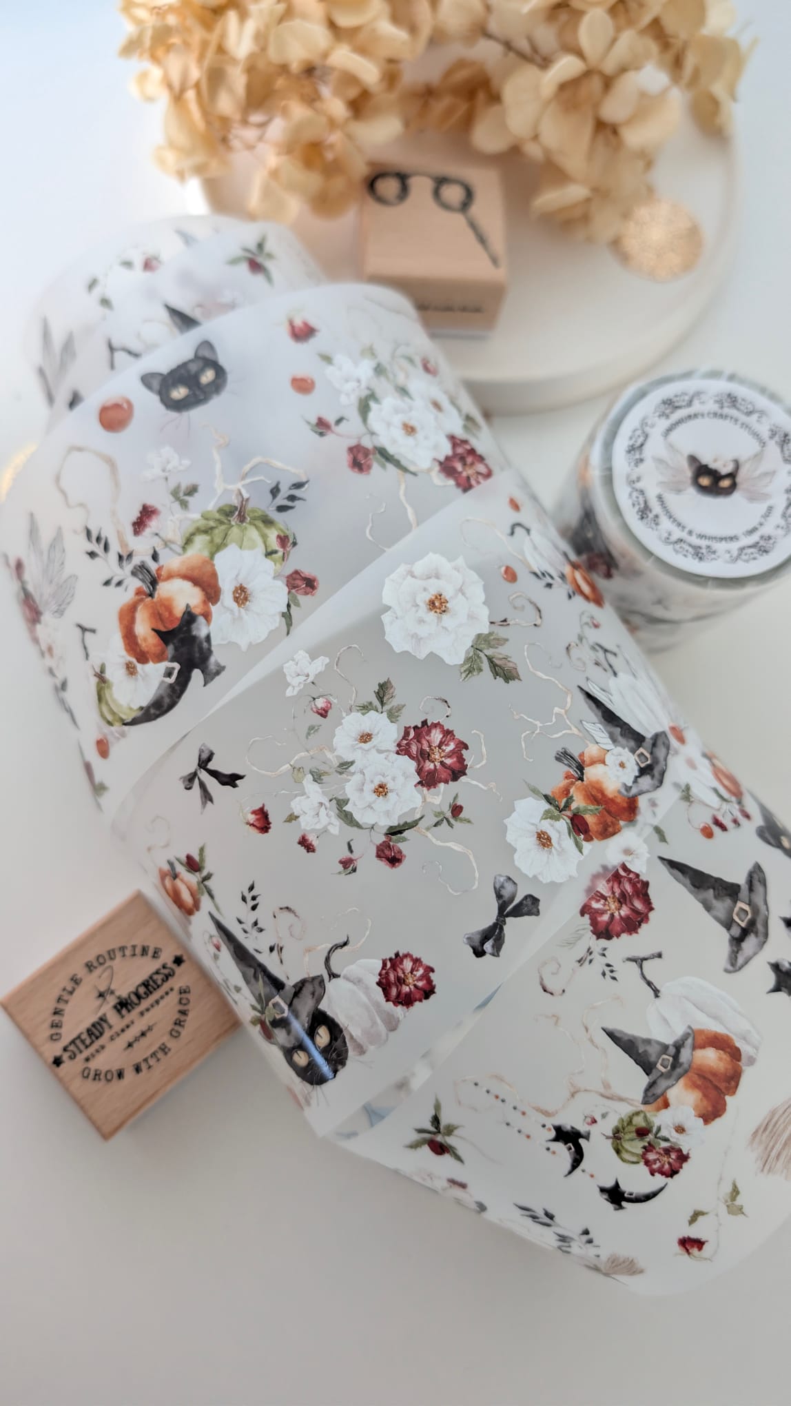 Whiskers & Whispers Matte PET Tape – Black Cat Floral Halloween Journaling Tape
