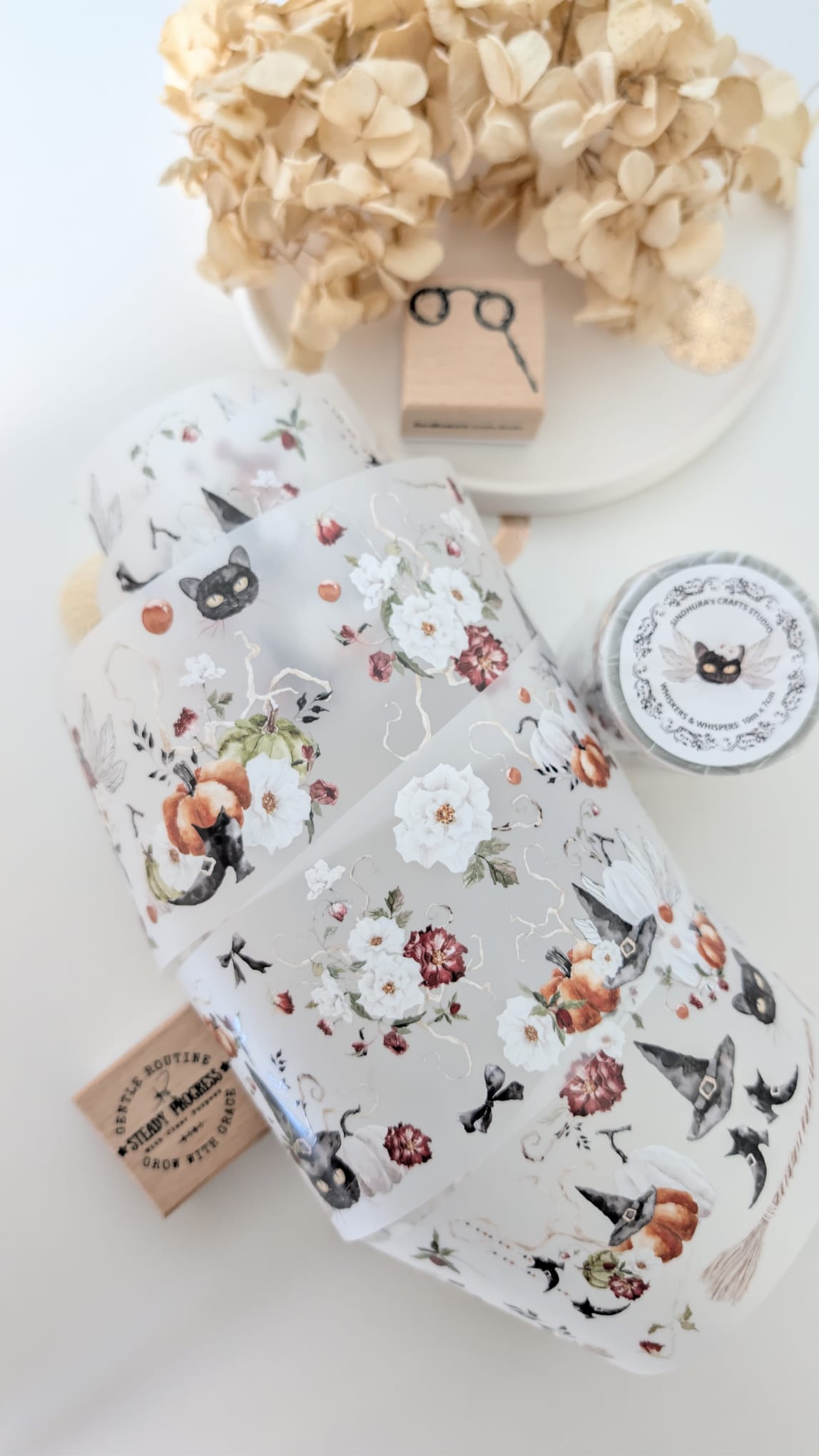 Whiskers & Whispers Matte PET Tape – Black Cat Floral Halloween Journaling Tape