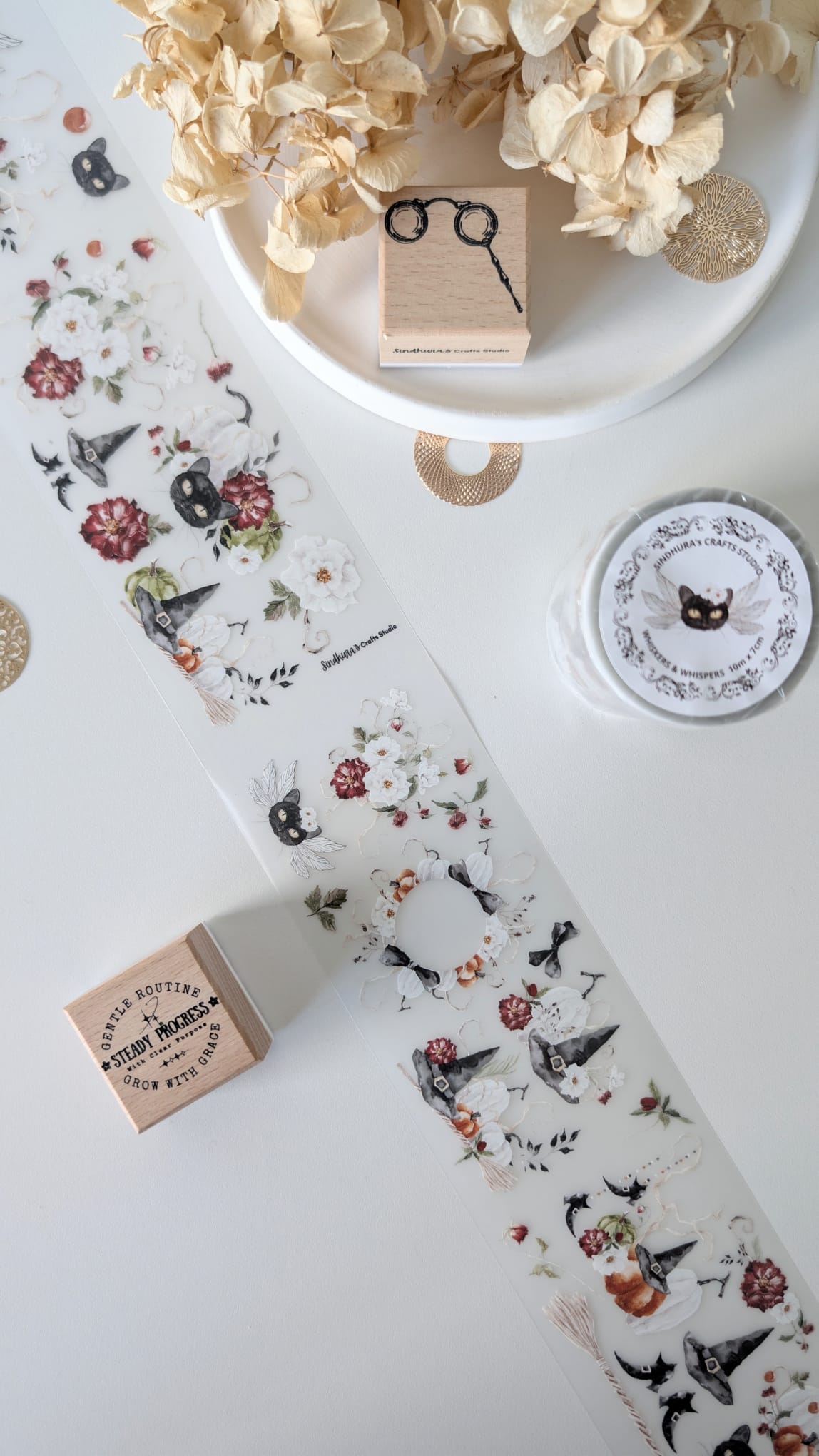 Whiskers & Whispers Matte PET Tape – Black Cat Floral Halloween Journaling Tape
