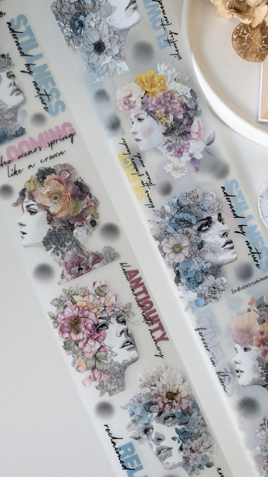 The Blooming Muse | Floral Portrait Collage PET Tape | Artistic Botanical Woman Sticker Sheet for Journaling – 100cm x 7cm