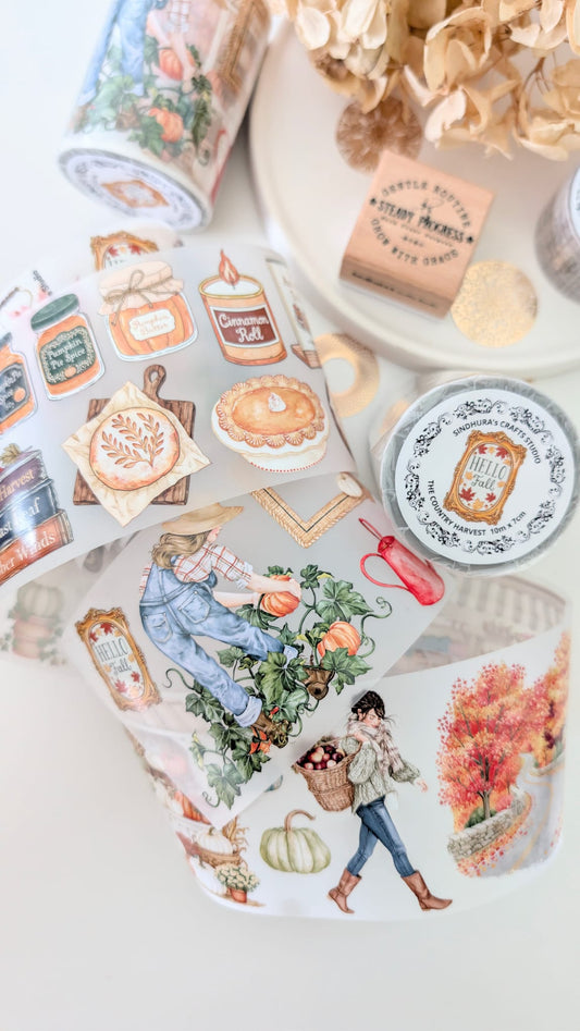 The Country Harvest | Fall Harvest PET Tape Roll | Autumn Farmhouse Stickers for Journaling, Scrapbooking & Planner Decor – 100cm x 7cm