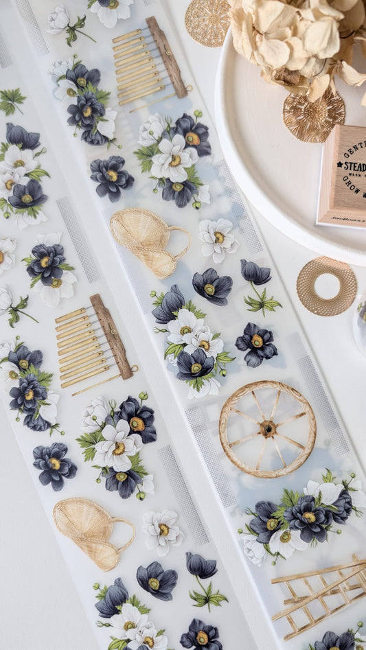 Anemone Lane | Navy & White Anemone Floral PET Tape | Botanical Sticker Roll for Journaling & Scrapbooking – 100cm x 7cm
