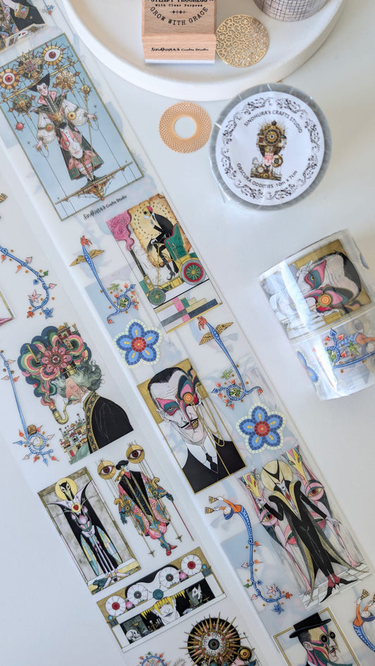 Obscura Oddities | Surreal Illustrated Figures PET Tape | Ornate Vintage Curiosities Sticker Roll for Art Journaling – 100cm x 7cm